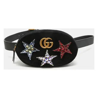 Gucci Black Matelassé Velvet Star Crystal GG Marmont Belt Bag