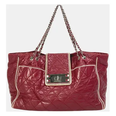 Chanel Red Leather Quilted 2.55 Matelasse W Chain Tote Bag