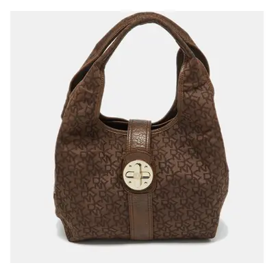 Dkny Brown Signature Canvas and Croc Embossed Leather Push Lock Hobo