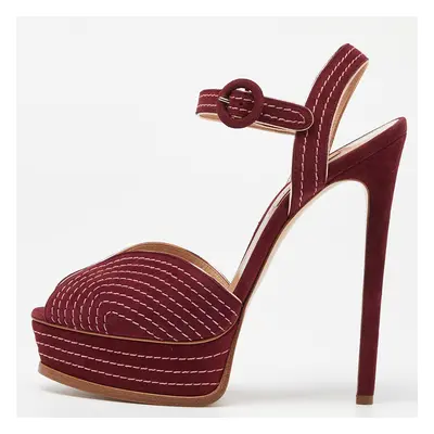 Casadei Burgundy Suede Stitch Detail Platform Sandals Size