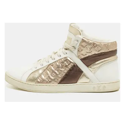 Louis Vuitton Metallic/White Leather and Canvas High Top Sneakers Size