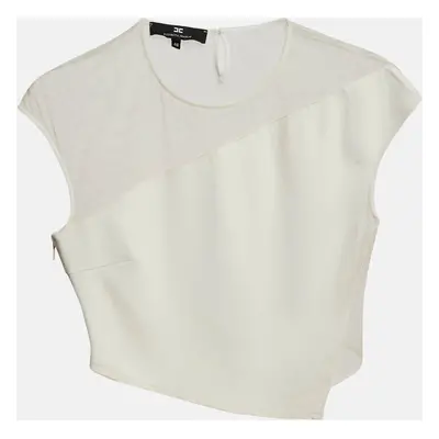 Elisabetta Franchi White Crepe and Mesh Crop Top