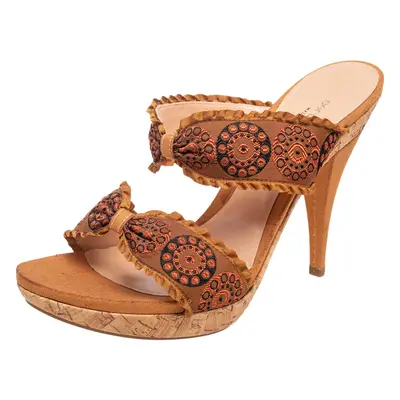 Sergio Rossi Mustard Brown Embroidered Fabric Double Bow Strap Slide Sandals Size