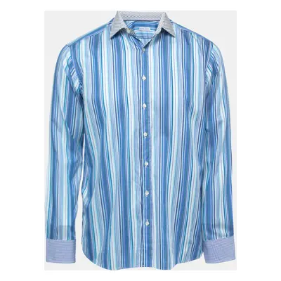 Etro Blue Striped Cotton Contrast Collar & Cuff Full Sleeve Shirt