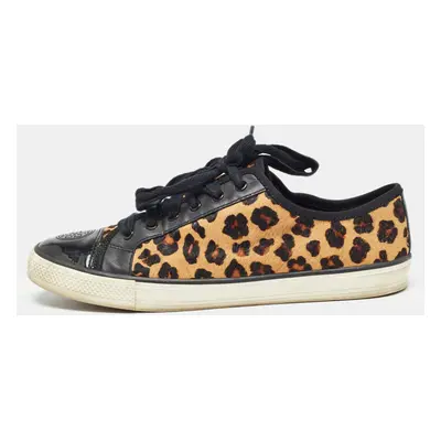 Tory Burch Brown/Black Animal Print Calf Hair and Leather Low Top Sneakers Size 40.5