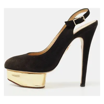 Charlotte Olympia Black Suede Dolly Platform Slingback Pumps Size 37.5