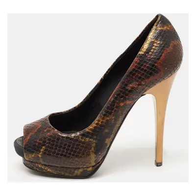 Giuseppe Zanotti Brown Python Embossed Leather Peep Toe Pumps Size