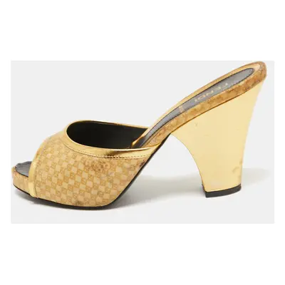 Fendi Gold Leather and Printed Fabric Open Toe Sandals Size