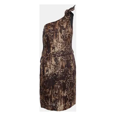 Oscar de la Renta Brown Printed Silk One Shoulder Dress