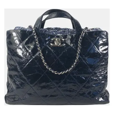 Chanel Blue Quilted Glazed Calfskin and Tweed Portobello Top Handle Bags