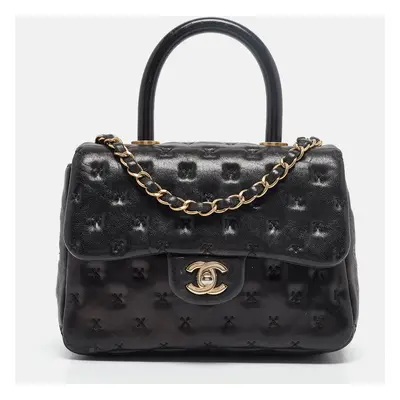 Chanel Black Cross Stitch Leather Mini Coco Top Handle Bag