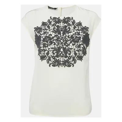 Dolce & Gabbana Cream Lace Trim Silk Sleeveless Blouse