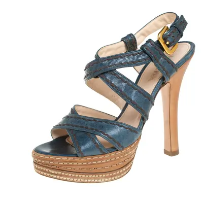 Prada Blue And Tan Leather Stitch Detail Cross Strap Platform Sandals Size