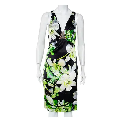 Roberto Cavalli Black Floral Printed Silk Satin Plunging Neck Dress