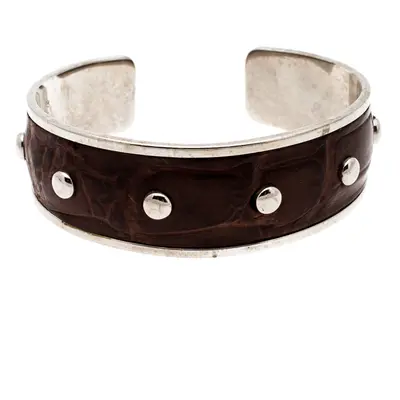 Tod's Dark Brown Embossed Leather Studded Silver Tone Narrow Cuff Bracelet