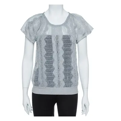 Missoni Metallic Silver Jacquard Knit Raglan Sleeve Top