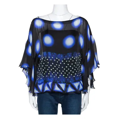 Roberto Cavalli Blue & Black Printed Silk Sheer Blouse