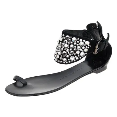 Giuseppe Zanotti Black Satin And Leather Embellished Ankle Wrap Flat Sandals Size