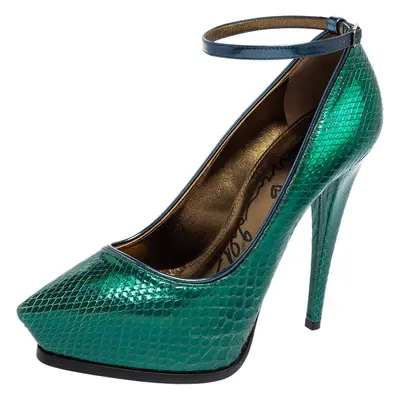 Lanvin Green/Blue Snakeskin Leather Pointed-Toe Ankle-Strap Pumps Size