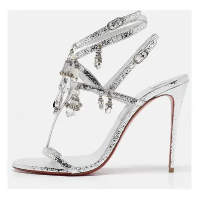 Christian Louboutin Silver Leather Bombina Pampila Ankle Strap Sandals Size