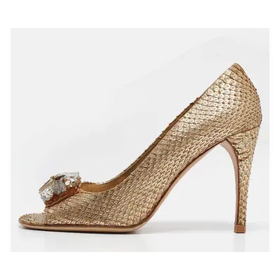 Prada Gold Snakeskin Leather Peep Toe Pumps Size