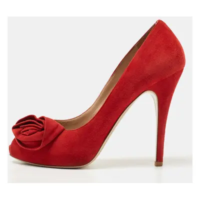 Valentino Red Suede Rose Peep Toe Pumps Size 39.5