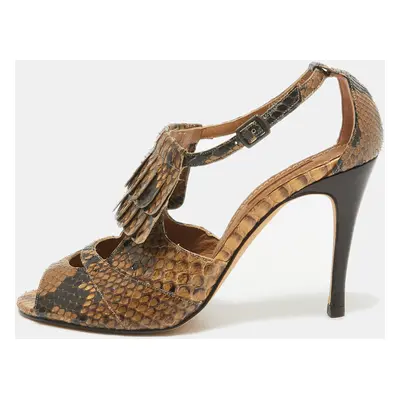 CH Carolina Herrera Brown/Black Python Fringe Detail Ankle Strap Sandals Size