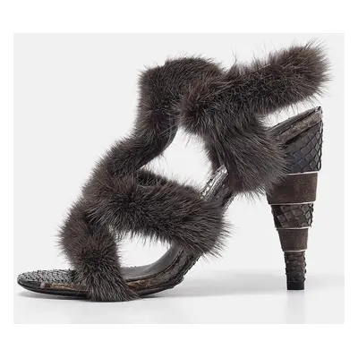 Salvatore Ferragamo Grey Fur Python Leather Ankle Strap Sandals 36.5