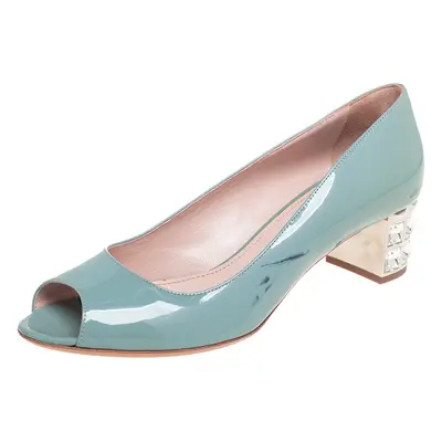 Miu Miu Blue Patent Leather Peep Toe Embellished Block Heel Pumps Size 37.5