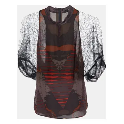 Etro Black Printed Silk & Lace Mock Neck Blouse