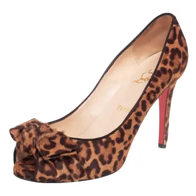 Christian Louboutin Brown Animal Print Calf Hair Knotted Peep Toe Pumps Size