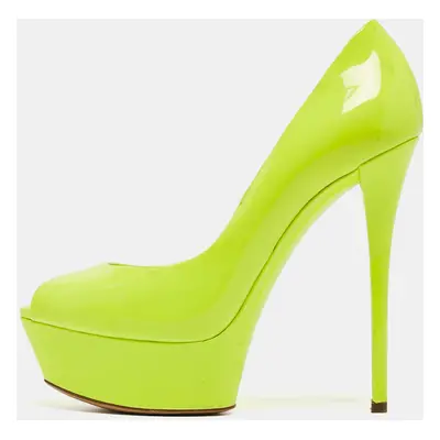 Casadei Lime Green Patent Leather Daisy Peep Toe Platform Pumps Size