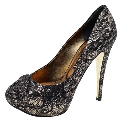 Gina Black/Gold Lace and Leather Platform Pumps Size