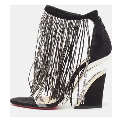 Christian Louboutin Black Suede Crystal Embellished Fringe Ankle Strap Sandals Size