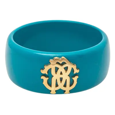 Roberto Cavalli Teal Blue Logo Wide Bangle Bracelet