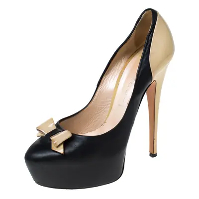 Casadei Black/Beige Leather Bow Platform Pumps Size 36.5