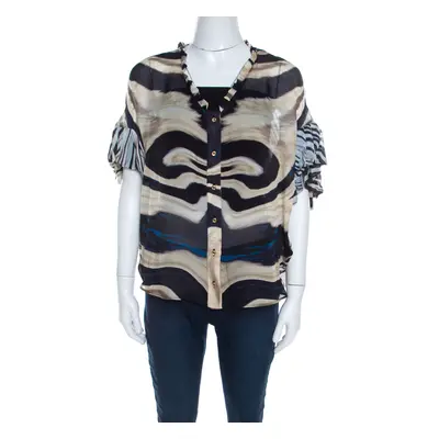 Roberto Cavalli Multicolor Striped Silk Batwing Sleeve Ruffled Top