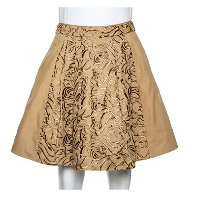 Roberto Cavalli Beige Embroidered Cotton Pleated Mini Skirt