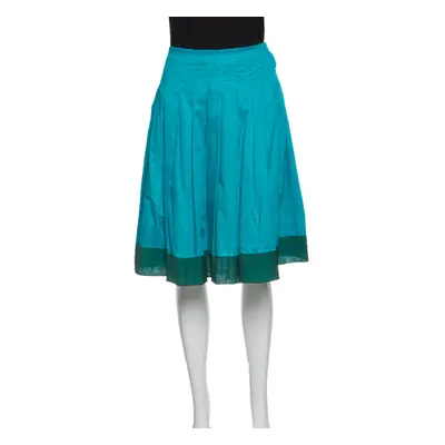 Prada Blue Cotton Contrast Silk Trim Detail Pleated Skirt