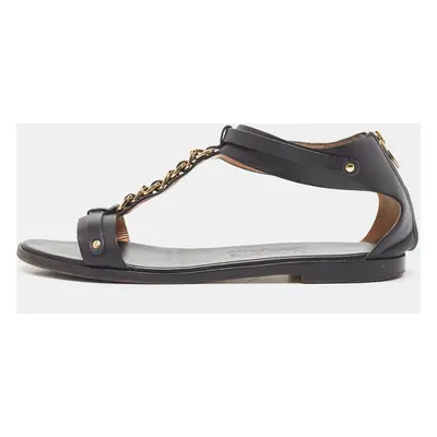 Salvatore Ferragamo Black Leather T Chan Detail Flat Sandals Size 39.5