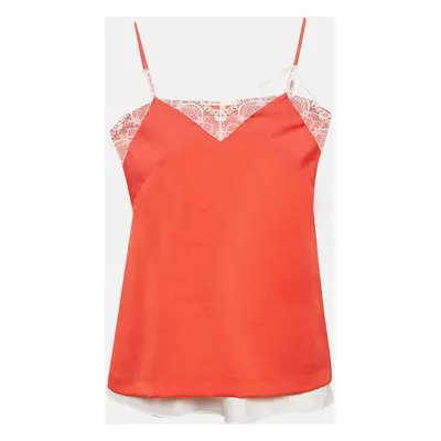 Maje Orange/White Crepe and Satin Lace Trim Camisole Top Set of M/L