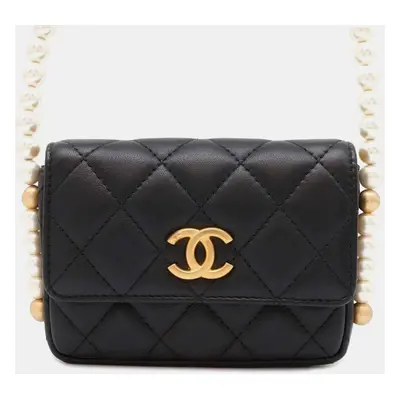 Chanel Black Leather Faux Pearl CC Wallet on Chain