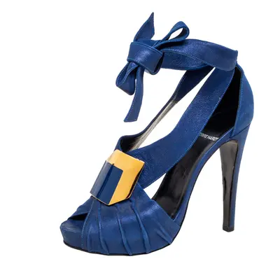 Pierre Hardy Blue Laminated Suede Buckle Ankle-Tie Sandals Size