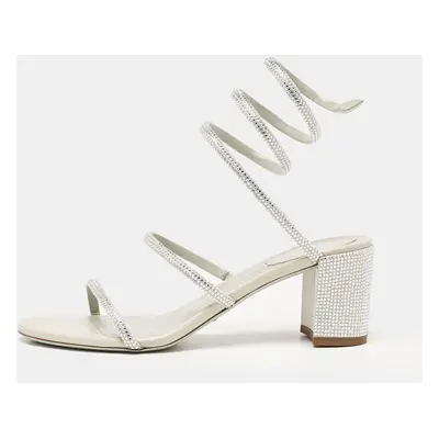 René Caovilla Silver Crystal Embellished Satin Cleo Sandals Size