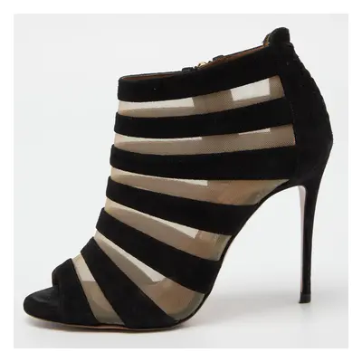 Aquazzura Black Suede and Mesh Open Toe Booties Size