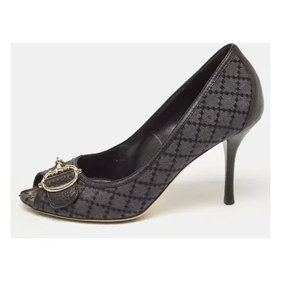 Gucci Two Tone Diamante Canvas and Leather Icon Bit Peep Toe Pumps Size