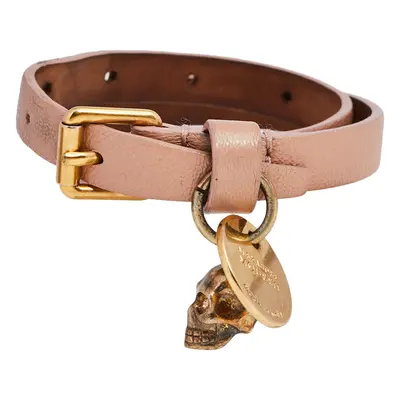 Alexander McQueen Skull Charm Pink Leather Gold Tone Double Wrap Bracelet