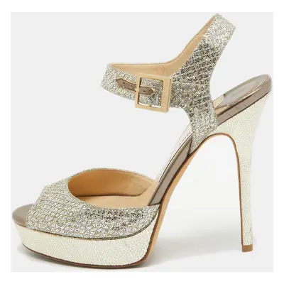 Jimmy Choo Silver Glitter Linda Ankle Strap Sandals Size