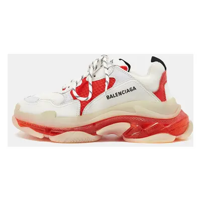 Balenciaga White/Red Leather and Mesh Triple Clear Sole Sneakers Size