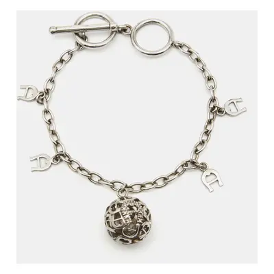 Aigner Sterling Silver Crystal Logo Charm Bracelet